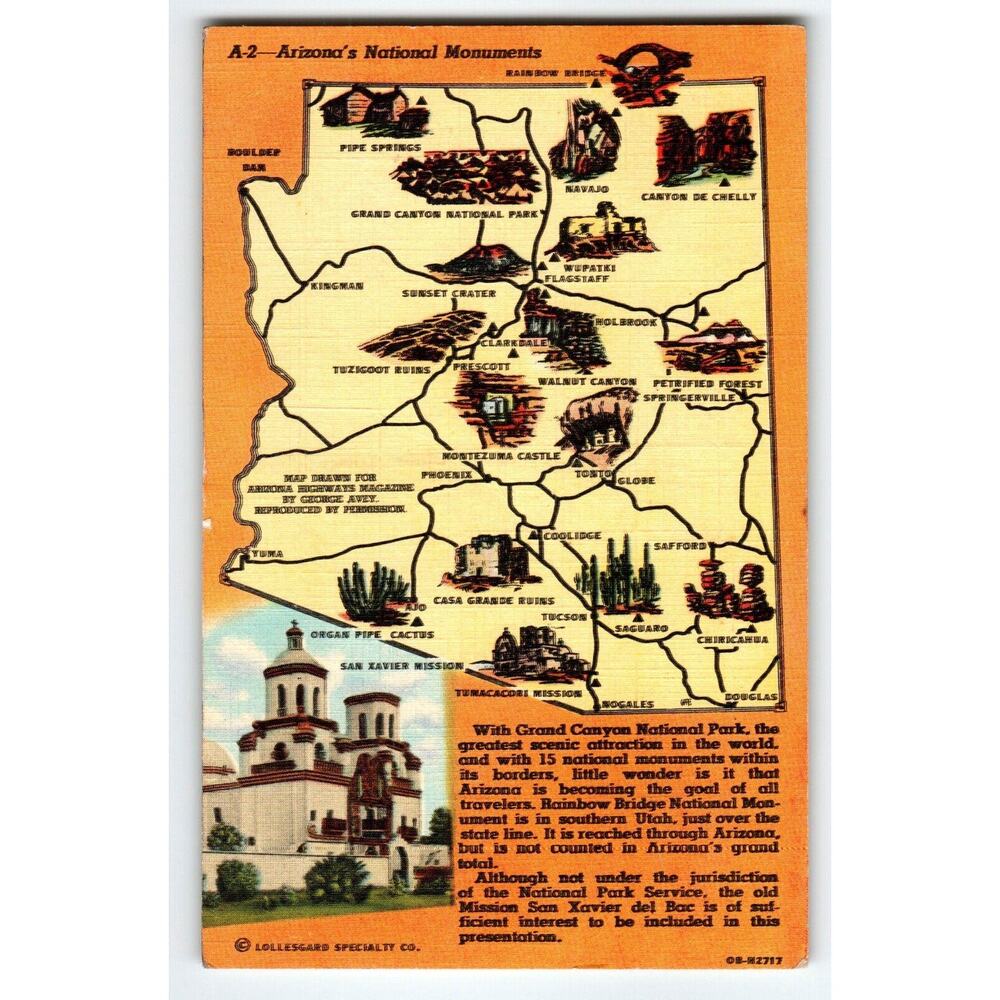 Arizona National Monuments Map Postcard State Postcard 1942 Curt Teich Linen